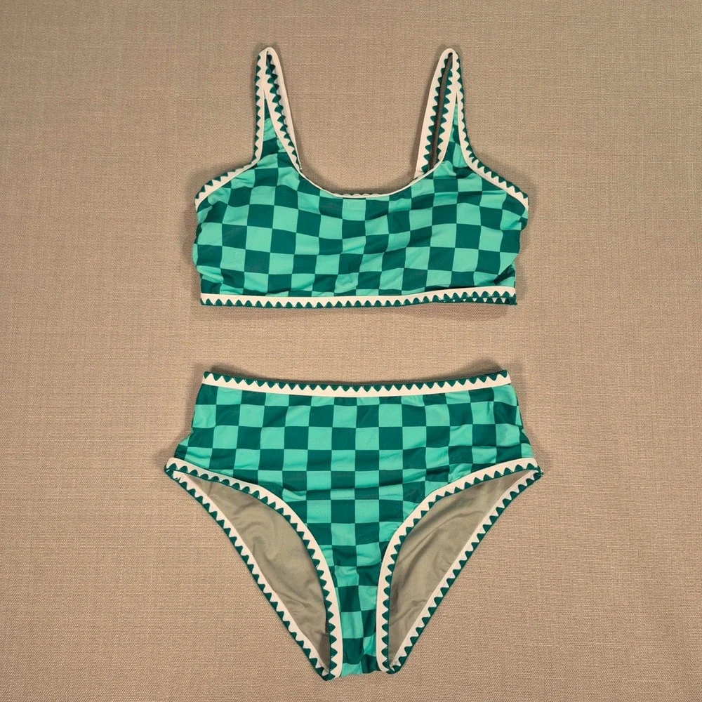 Women Green Checkered Ric Rac High Waisted Bikini Set Size L NWOT